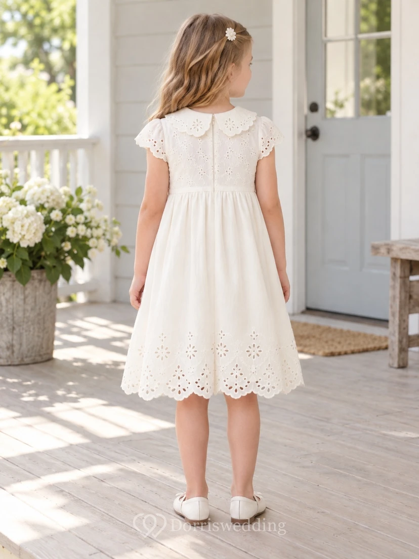 Vintage Ivory Knee Length Collared Cap Sleeve Cutwork Cotton Flower Girl Dress view 2