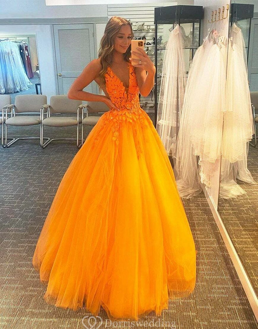 Orange Floral Appliqué Ball Gown