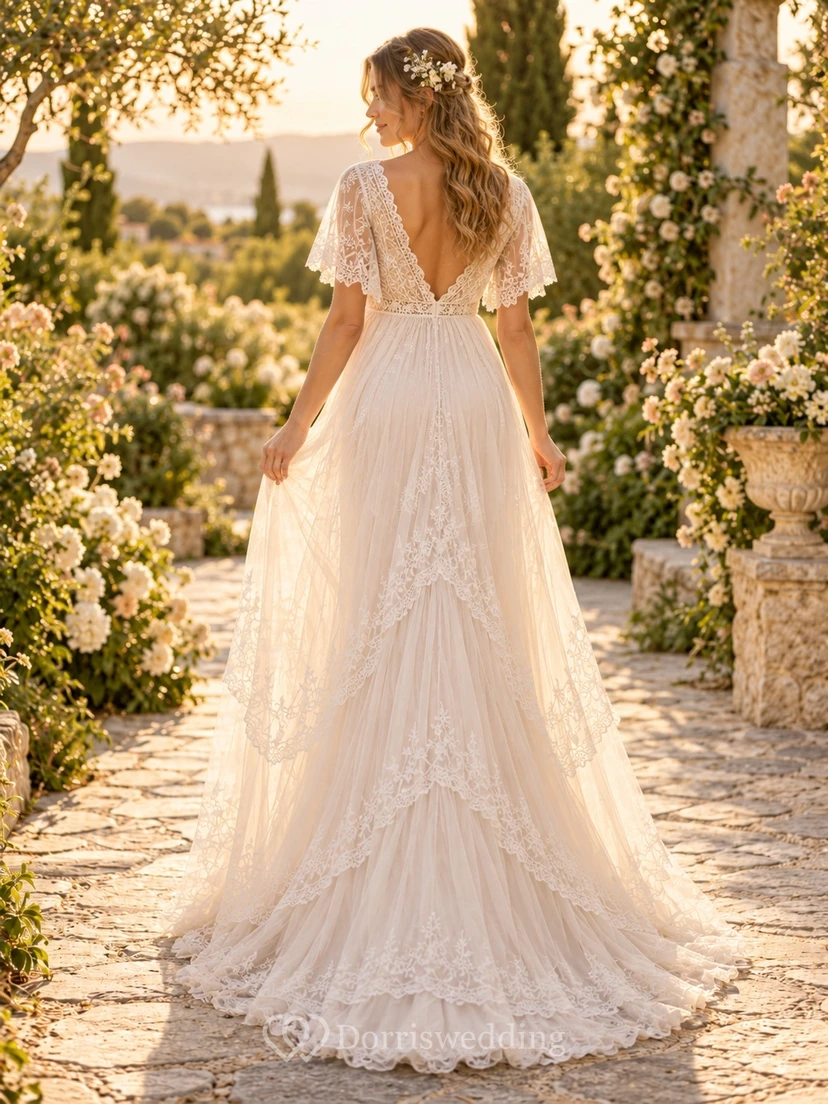 Umstands-Hochzeitskleid im Boho-Stil mit V-Ausschnitt, flatternden Ärmeln und gestuftem Spitzenrock im Empire-Stil view 2
