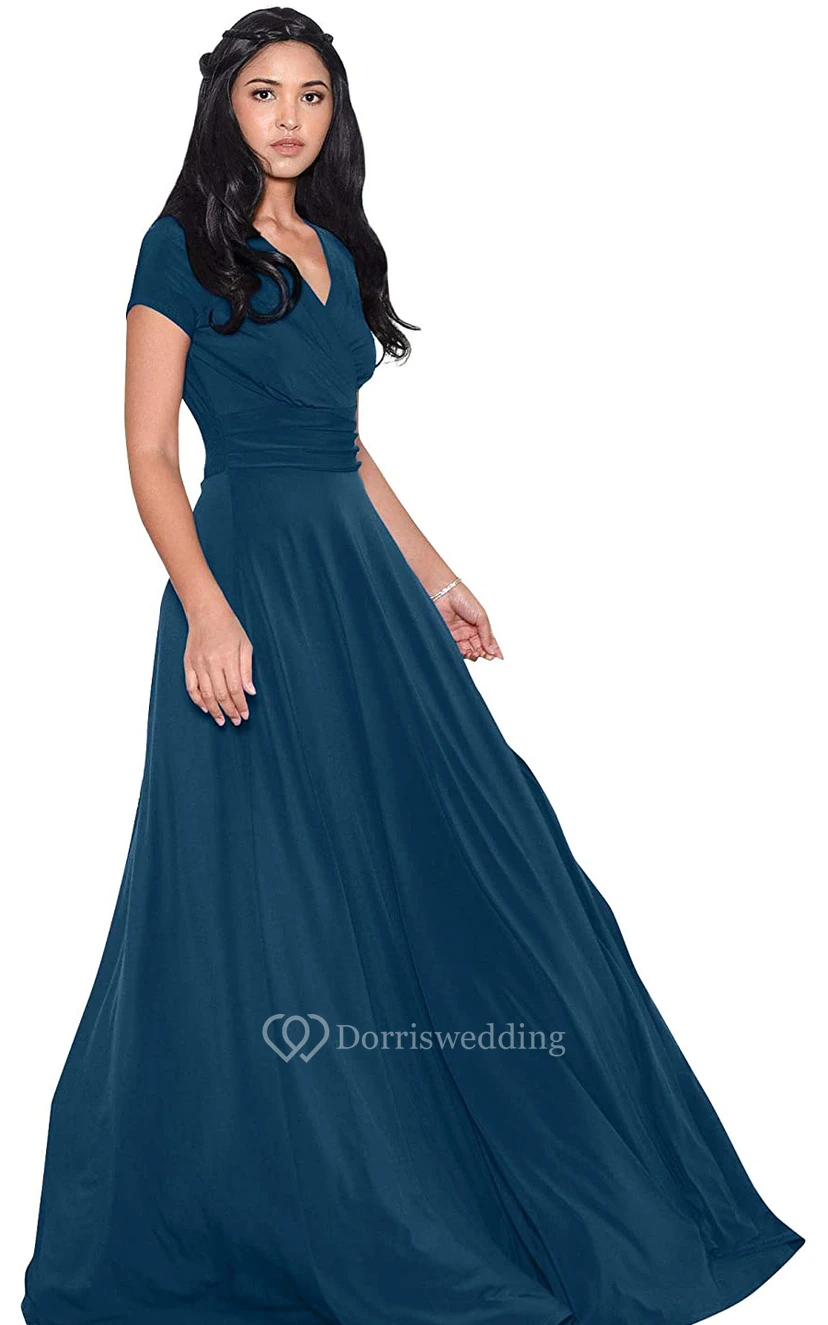 Modern Jersey V-neck Short Sleeve Mother Dress With Criss Cross and Pleats view 5