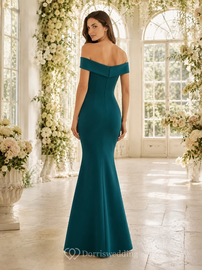 Dunkelgrünes, schulterfreies, bodenlanges Meerjungfrauen-Brautkleid aus Satin, schlicht und elegant view 2