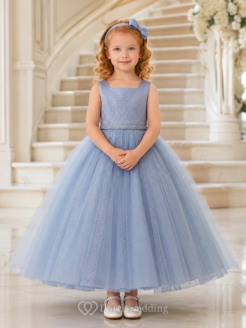 Steel Blue Formal Tulle Ball Gown Flower Girl Floor-Length Square Neck Luxury Dress