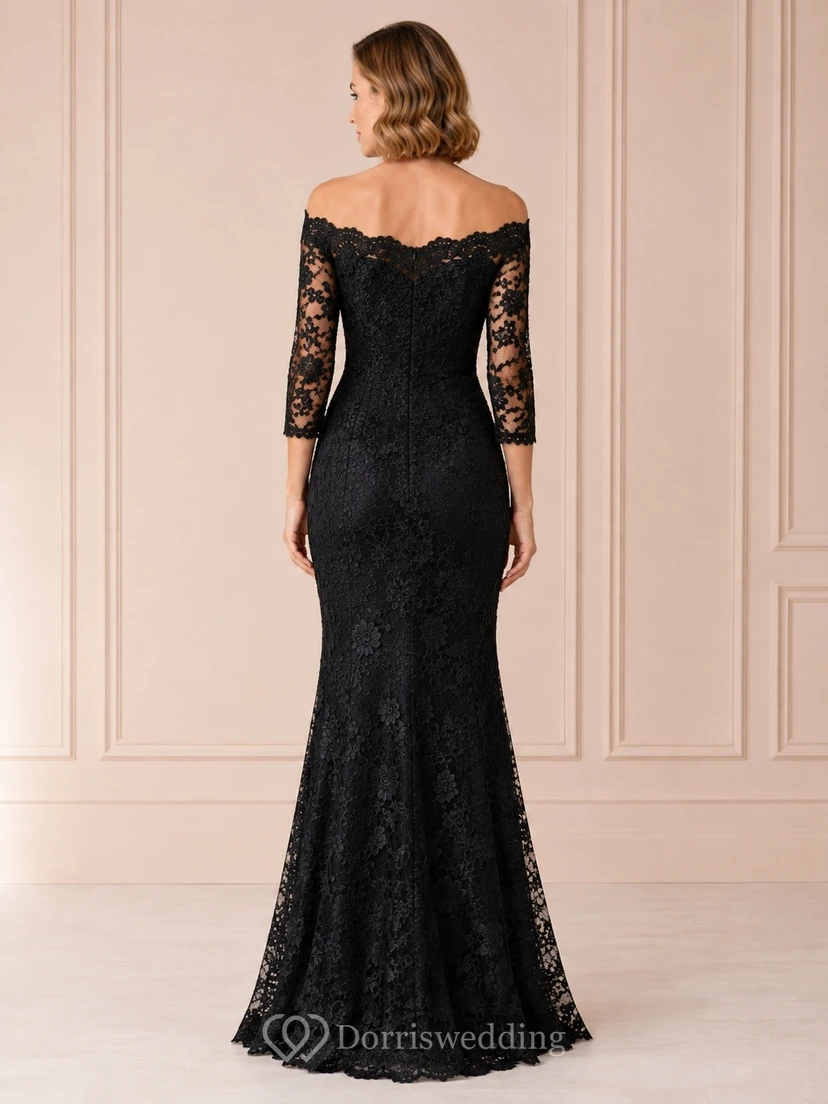 Black Lace Off-Shoulder Long-Sleeve Mermaid Floor-Length Evening Dress view 2