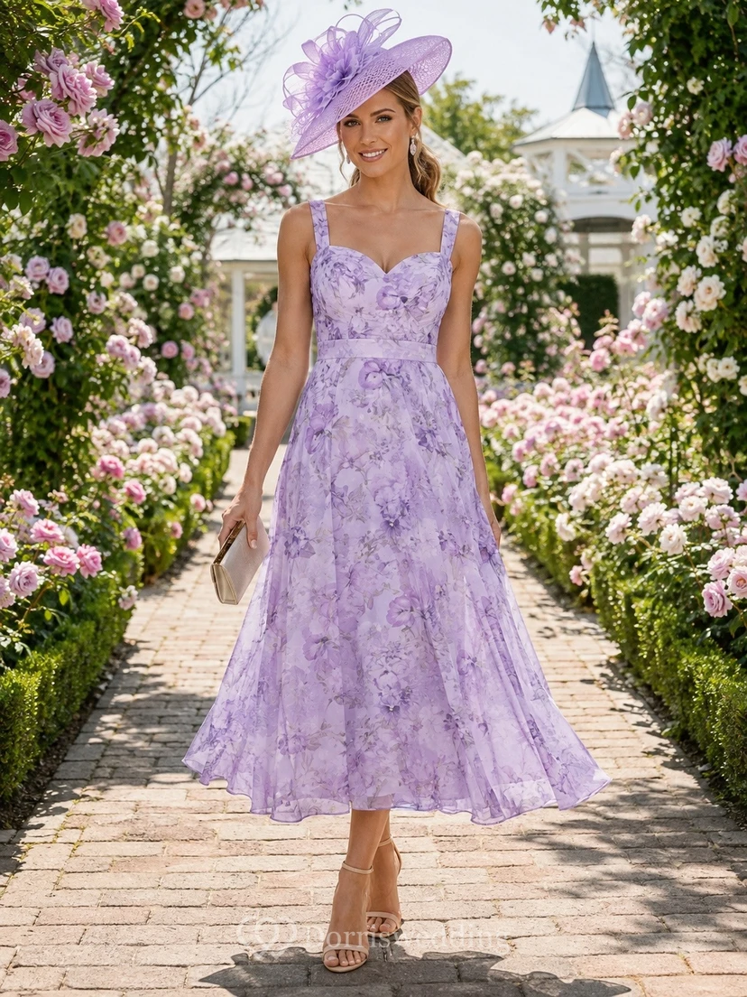 Lavender Floral Chiffon V-neck Sleeveless A-Line Midi Dress