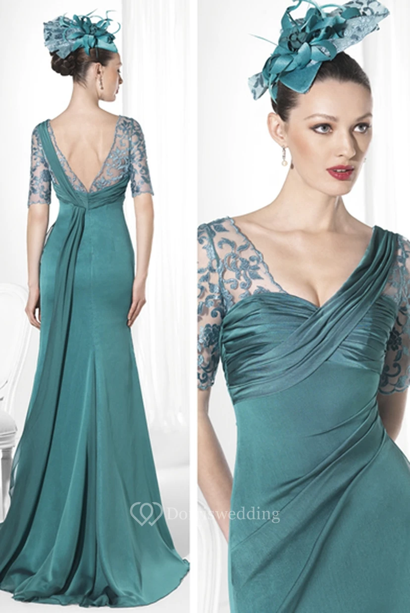 Sheath Floor-Length V-Neck Short-Sleeve Embroidered Jersey Prom Dress With Ruching view 2