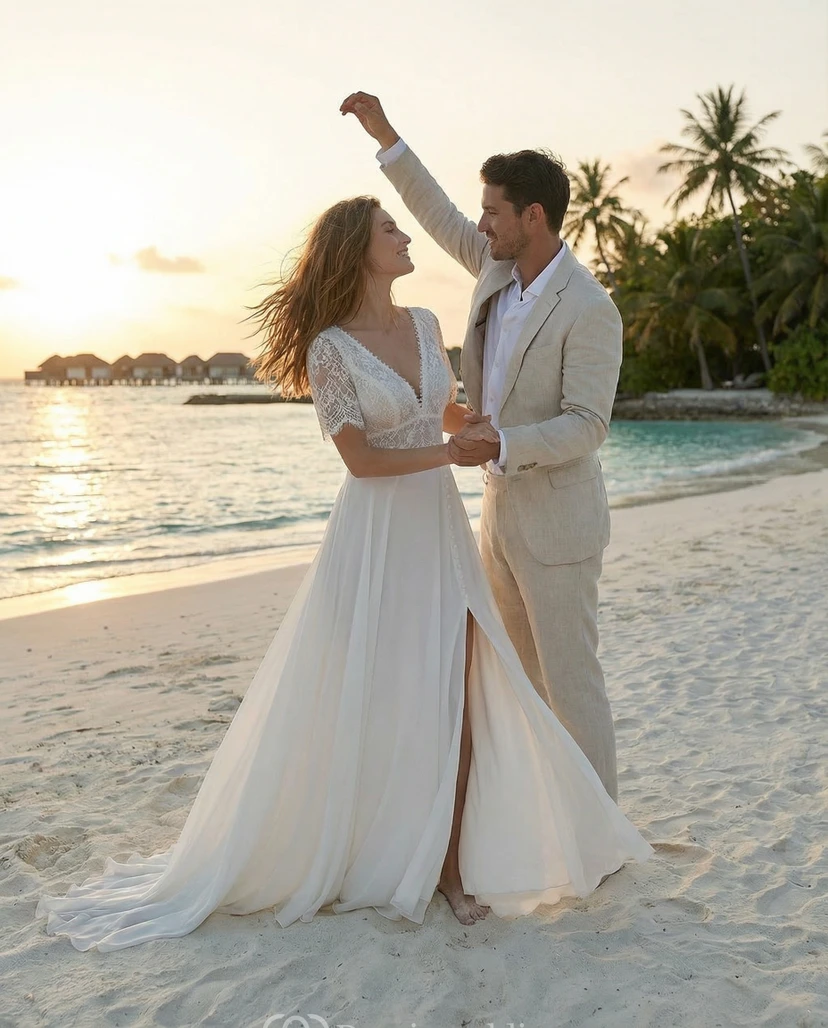 Casual Boho V-Neck Lace Wedding Dress - Short Sleeve Chiffon Bridal Gown with Button Detail and Slit view 4