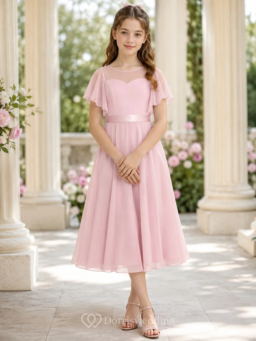 Vestido de dama de honor juvenil rosa caramelo, corte en A, largo midi, manga corta color joya, detalle de volantes, estilo romántico.