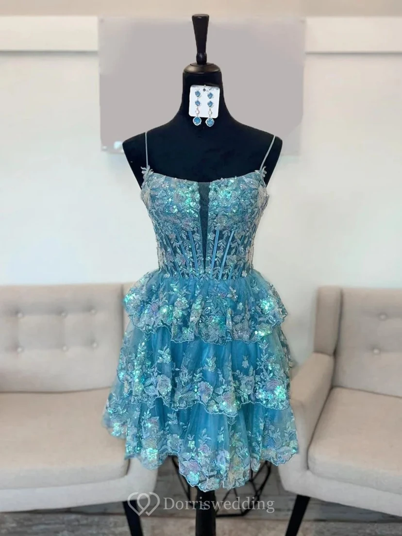 Hellblaues Minikleid aus Spitze mit Trägern view 3