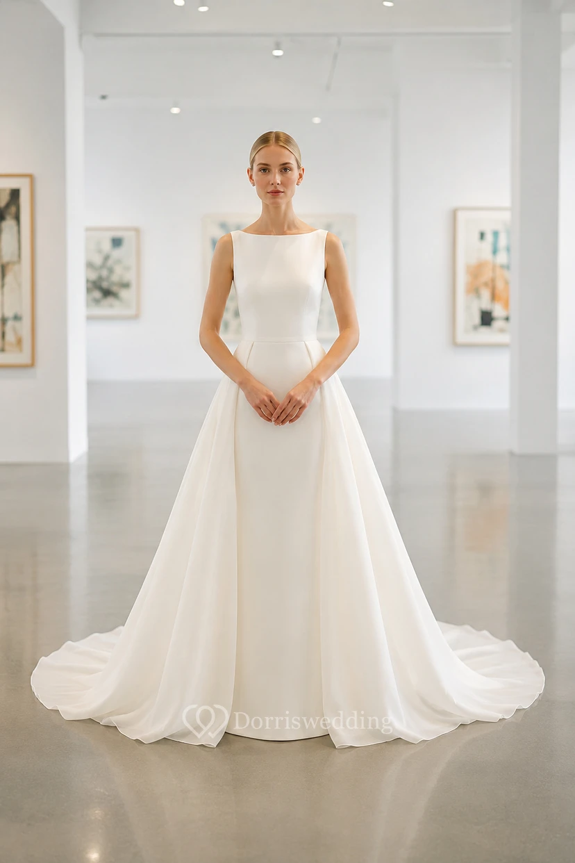 Vestido de novia de satén de corte A con escote barco, espalda baja y cola de capilla.