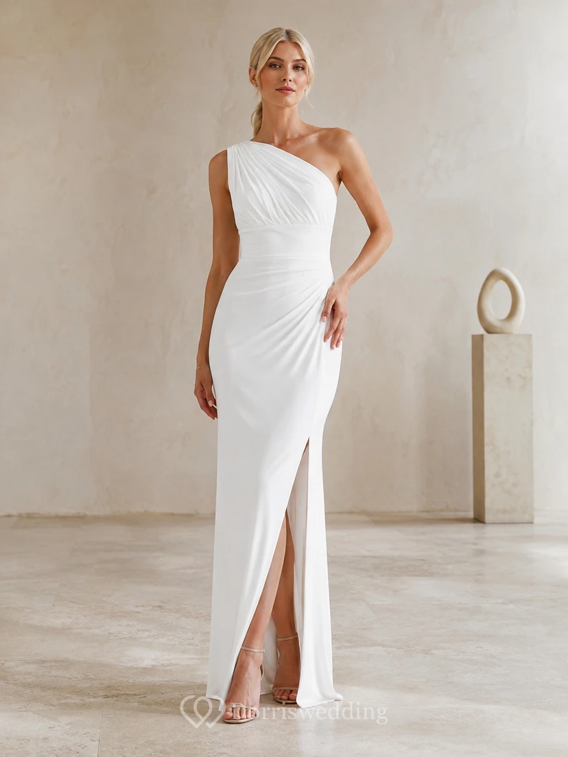 White One Shoulder Sleeveless Ruched Split Front Sheath Dress
