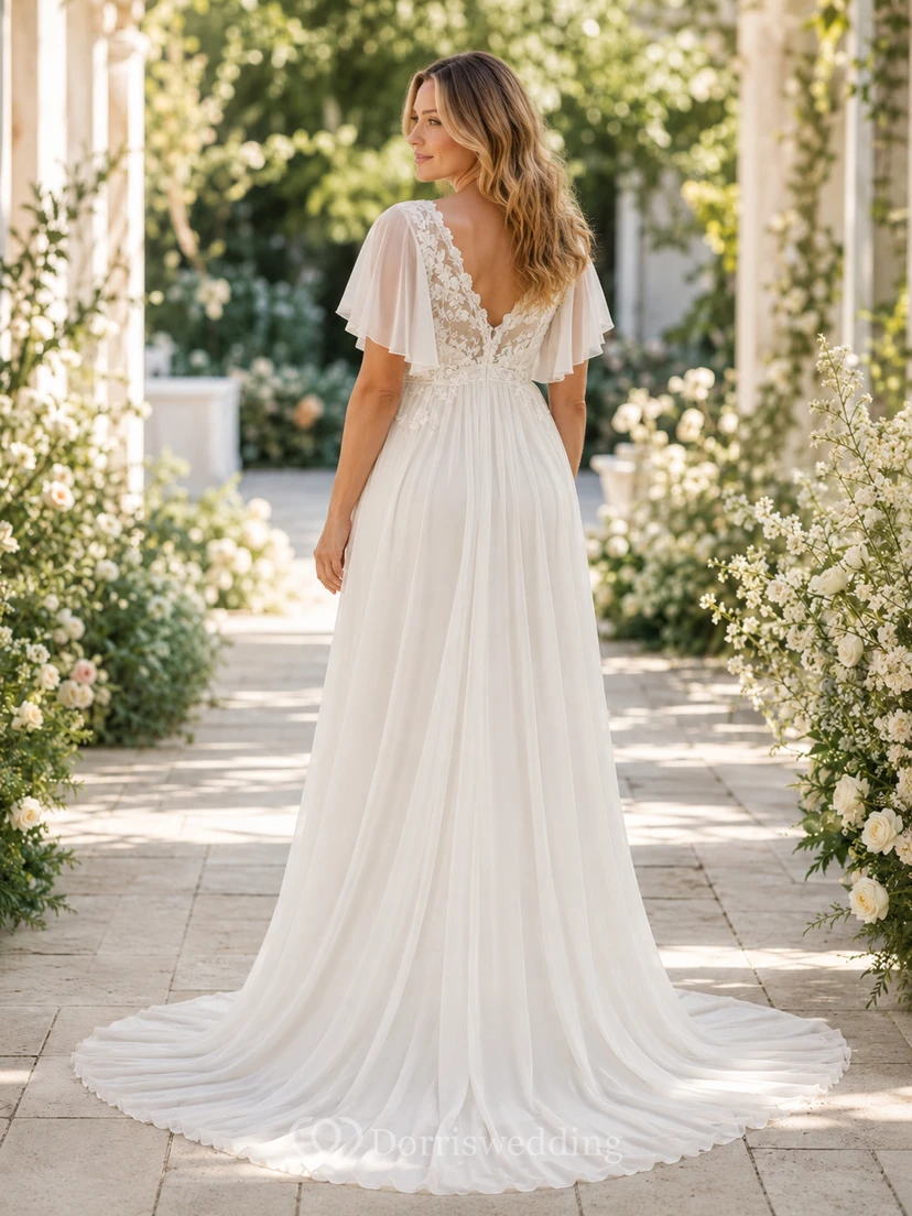 Robe de mariée longue en mousseline et dentelle, coupe empire, col en V, manches courtes, idéale pour la plage. view 2