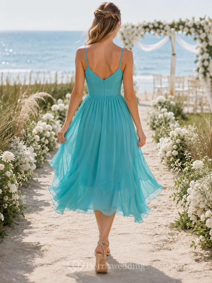 Turquoise V Neck Spaghetti Chiffon High Low Guest Dress view 2