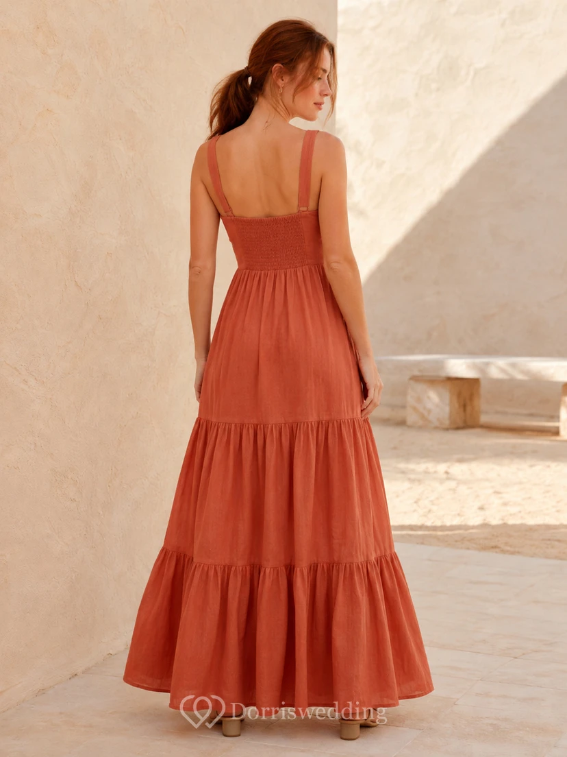 Terracotta square neck strap tiered desert resort maxi dress view 2