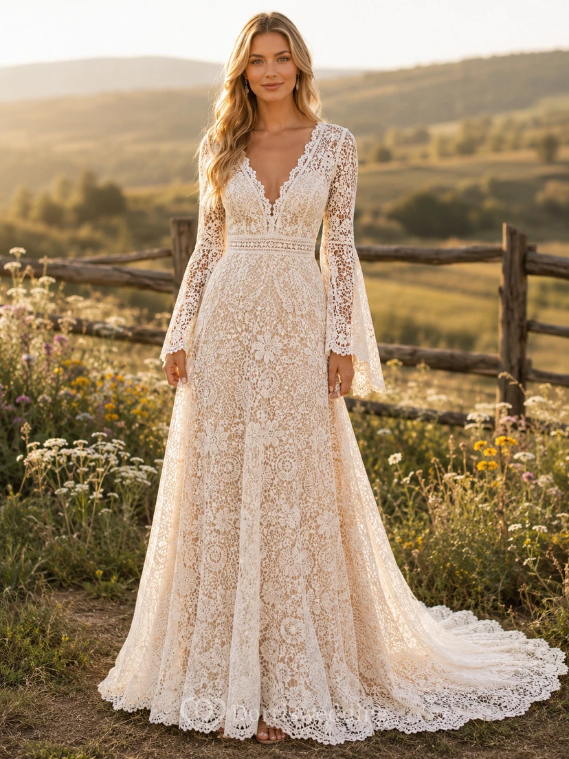 Robe de mariée champêtre en dentelle, coupe trapèze, col en V, manches longues, traîne chapelle