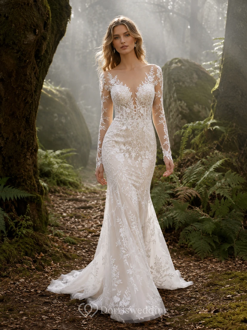 Robe de mariée sirène romantique en dentelle à manches longues et col en V, effet illusion, pour un mariage de destination