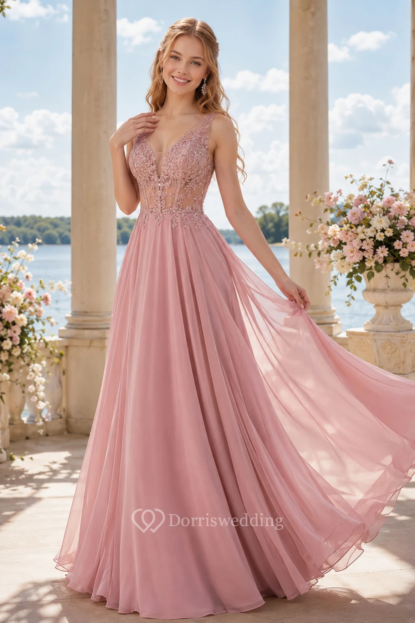 Brautjungfernkleid aus Chiffon in A-Linie mit V-Ausschnitt in Altrosa und Spitzenoberteil für Brautjungfern, Hochzeitsgäste und formelle Empfänge