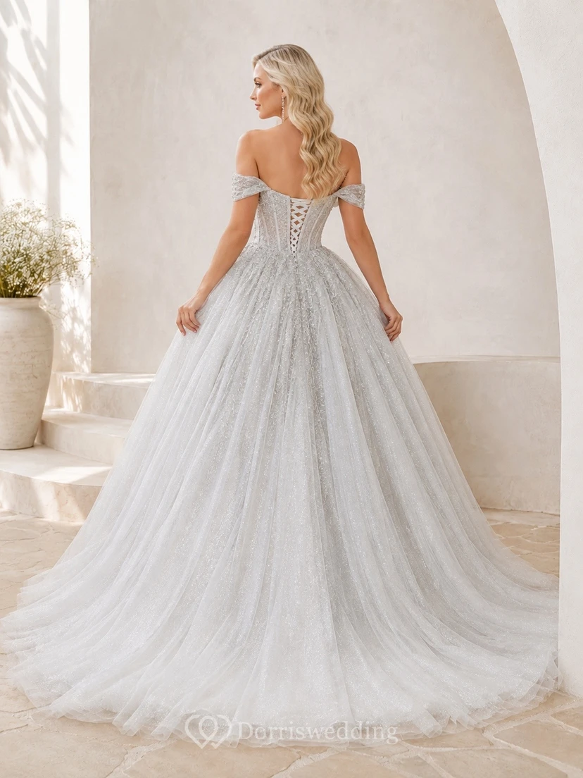 Vestido de novia elegante de estilo bohemio romántico con hombros descubiertos, edición D, corte A y encaje. view 2