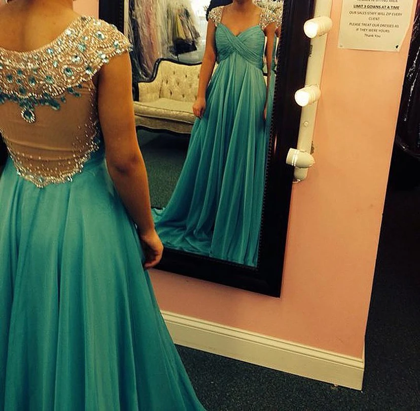 Glamorous Crystals Beadings A-line Prom Dress Cap Sleeve view 2