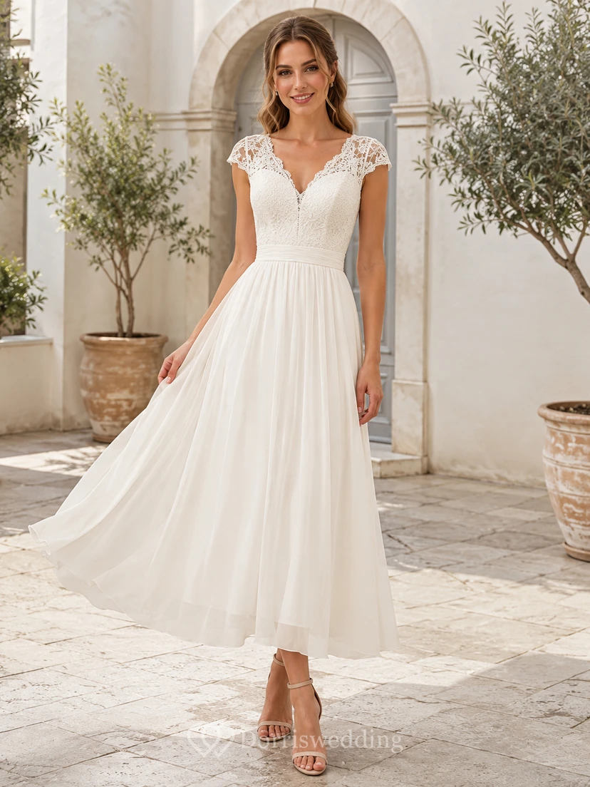 Romantic Civil Tulle A Line V Neck Cap Lace Sleeve Tea Wedding Dress