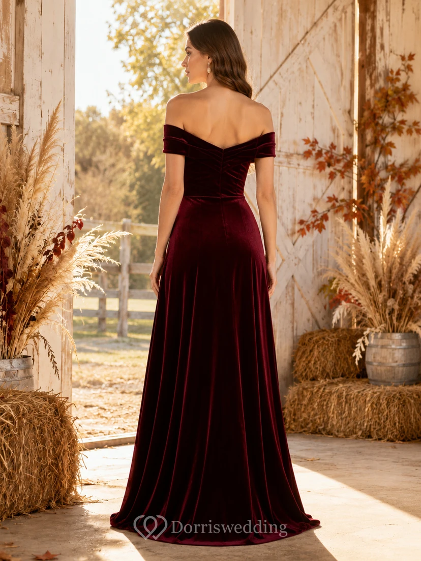 Burgundy off shoulder velvet mermaid floor length bridesmaid gown with slit view 2