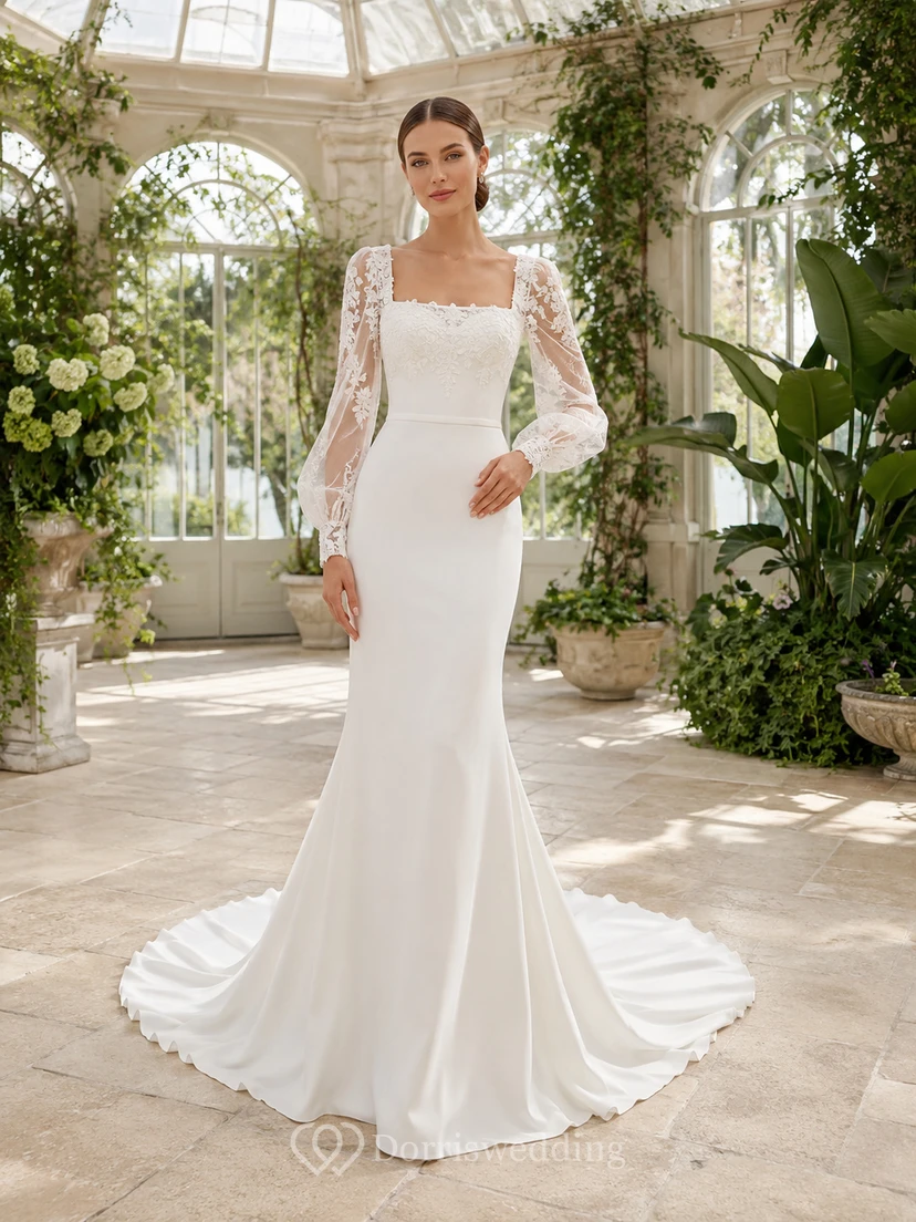 Robe de mariée sirène en satin poli et dentelle, col carré, manches longues, longueur au sol