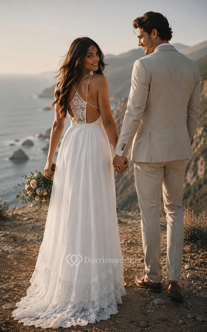 Robe de mariée blanche à fines bretelles en dentelle et tulle, coupe trapèze view 3