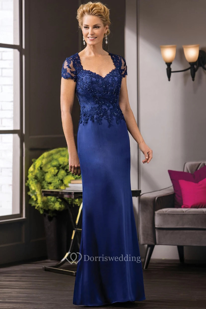 Short-Sleeved Long Mother Of The Bride Dress With Appliques And Jewels