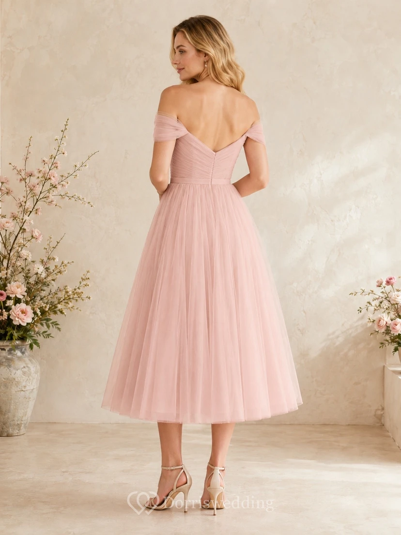 Tea-Length Blush Off Shoulder Tulle A-Line Romantic Formal Dress view 2