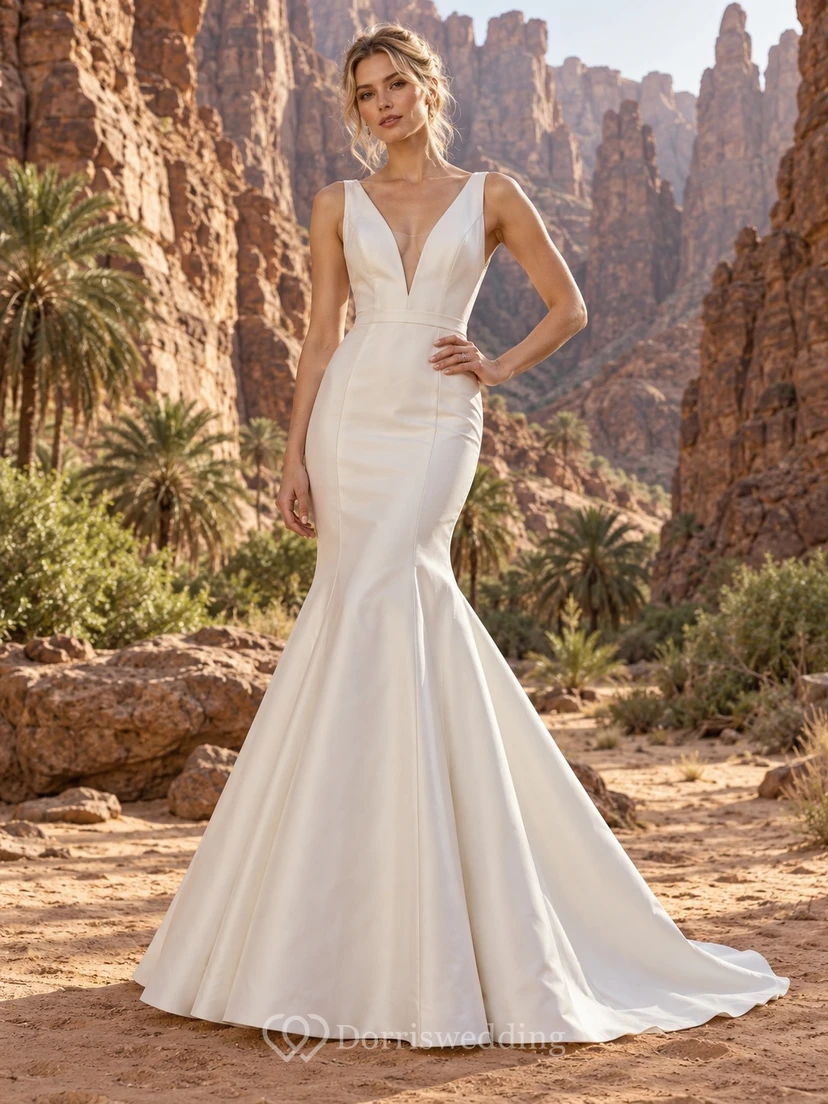 Einfaches, ärmelloses Brautkleid im Meerjungfrauenstil mit V-Ausschnitt, Knopfleiste am Rücken und Schleppe aus Satin