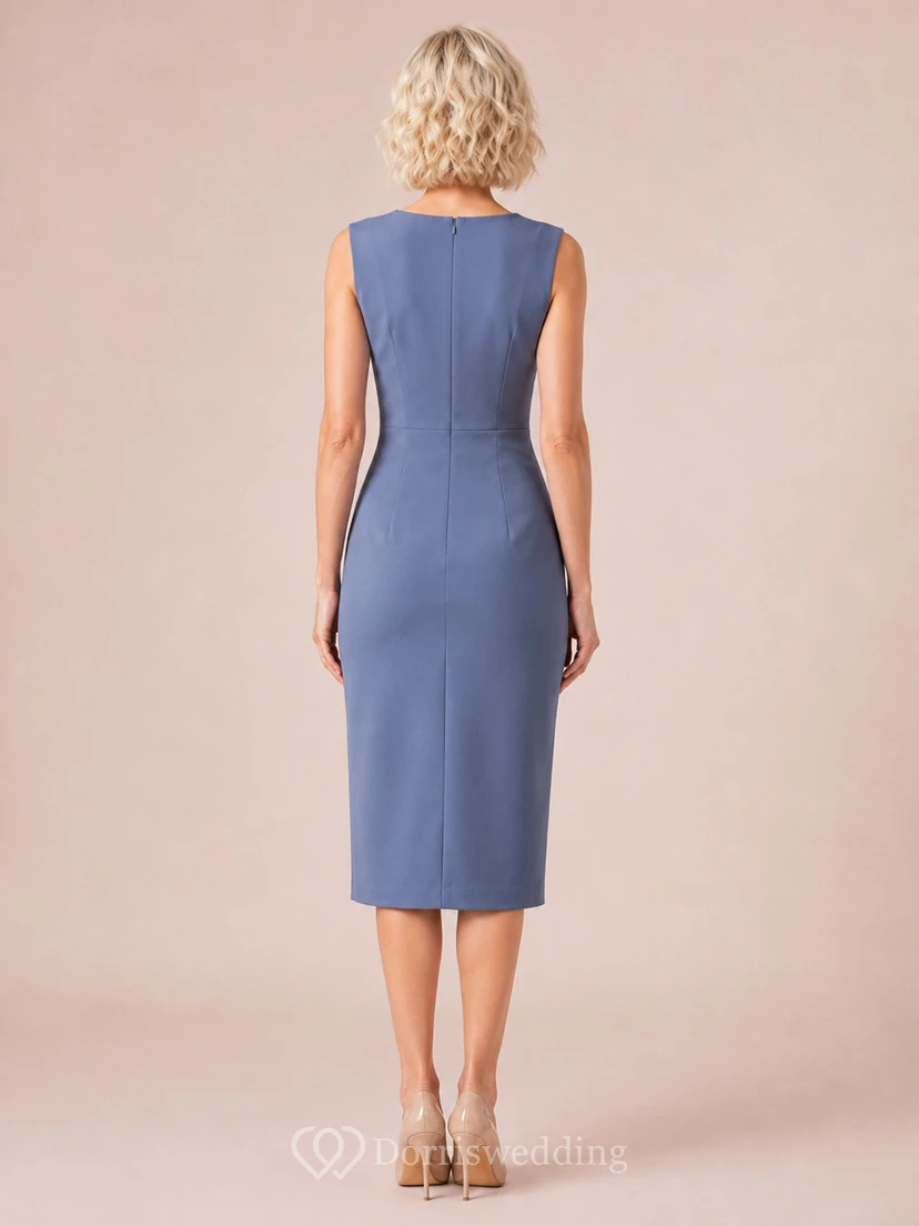Slate Blue Sleeveless V Neck Fitted Pencil Midi Dress view 2