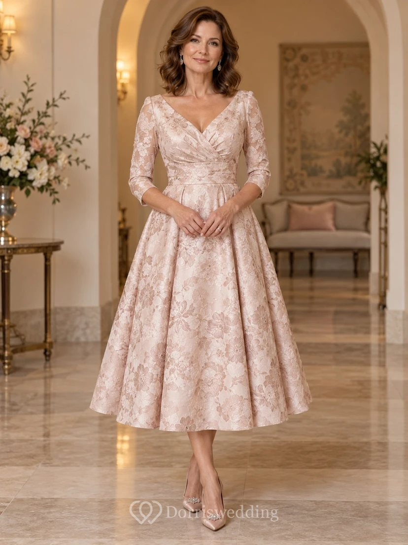 Elegantes Kleid für die zweite Hochzeit: Rosafarbenes, florales Jacquard-Kleid mit V-Ausschnitt, Dreiviertelärmeln und A-Linien-Schnitt.