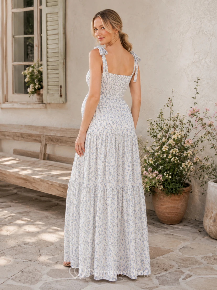 Robe de maternité blanche à fleurs, bretelles nouées, taille basse et longueur jardin view 2