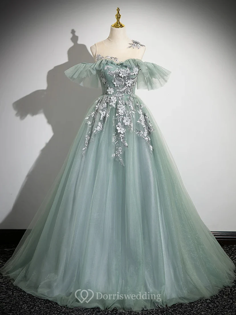 Robe de bal brodée vert clair à épaules dénudées view 14