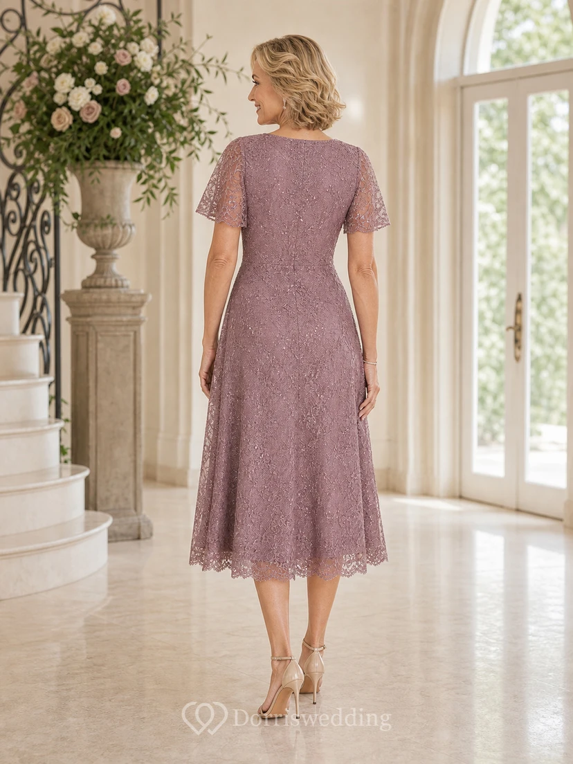 Vintage Mauve Lace Tea Length Mother Dress Vintage Mauve V-neck Sheath Tea-length view 4