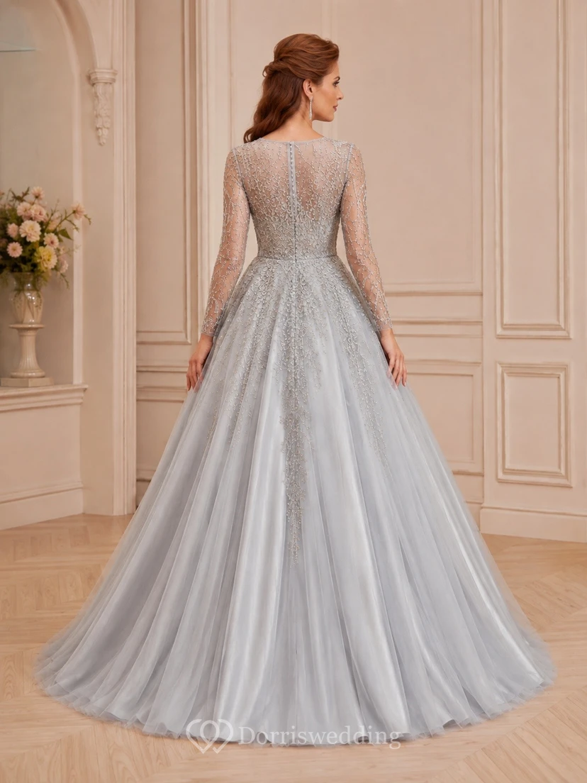 Silver High Neck Illusion Long Sleeve Lace Satin Ball Gown view 2