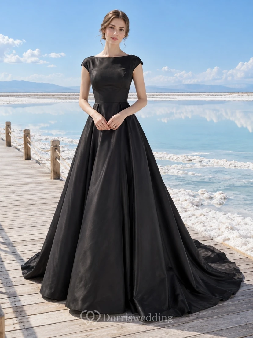 Simple Modest Black Jewel Cap Sleeve Taffeta Wedding Gown