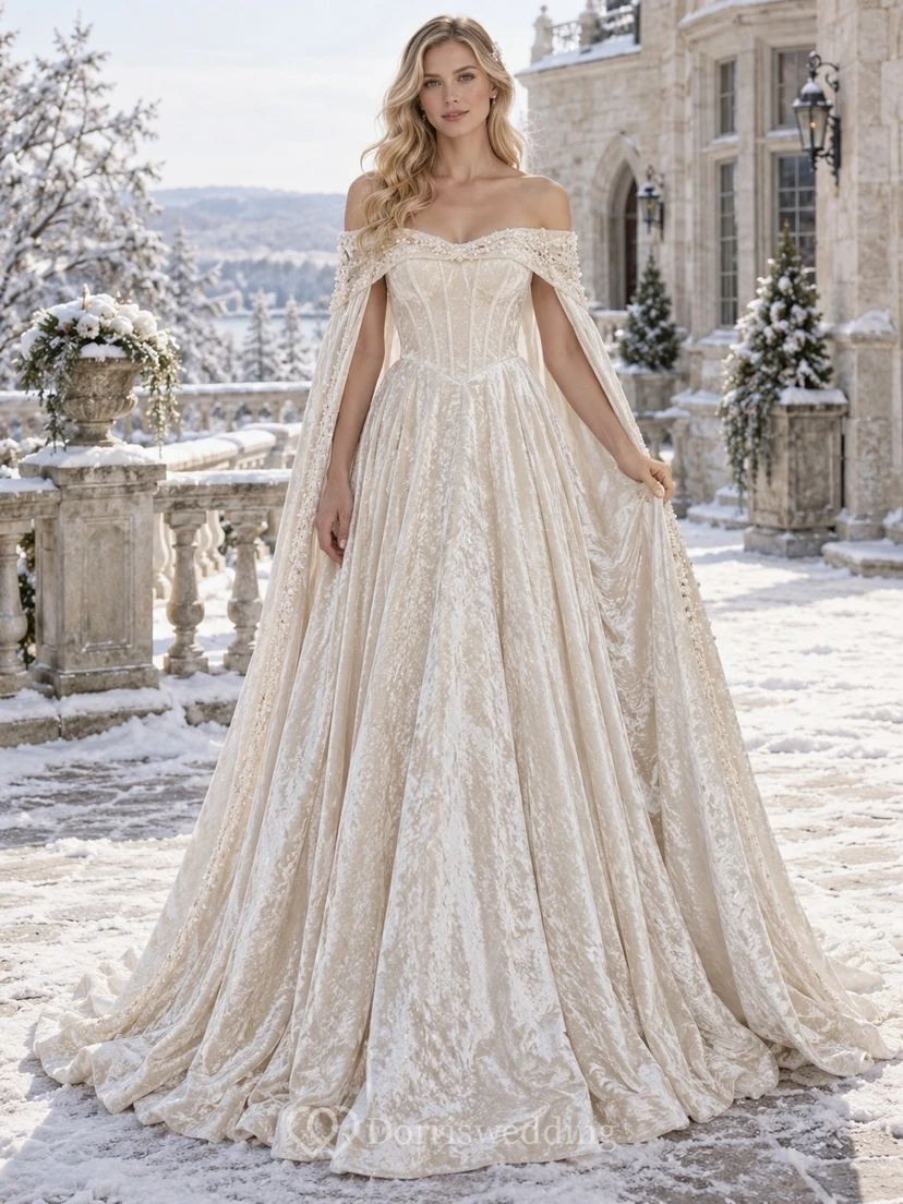 Vestido de novia de invierno con corpiño de paneles, hombros descubiertos y capa de terciopelo texturizado.