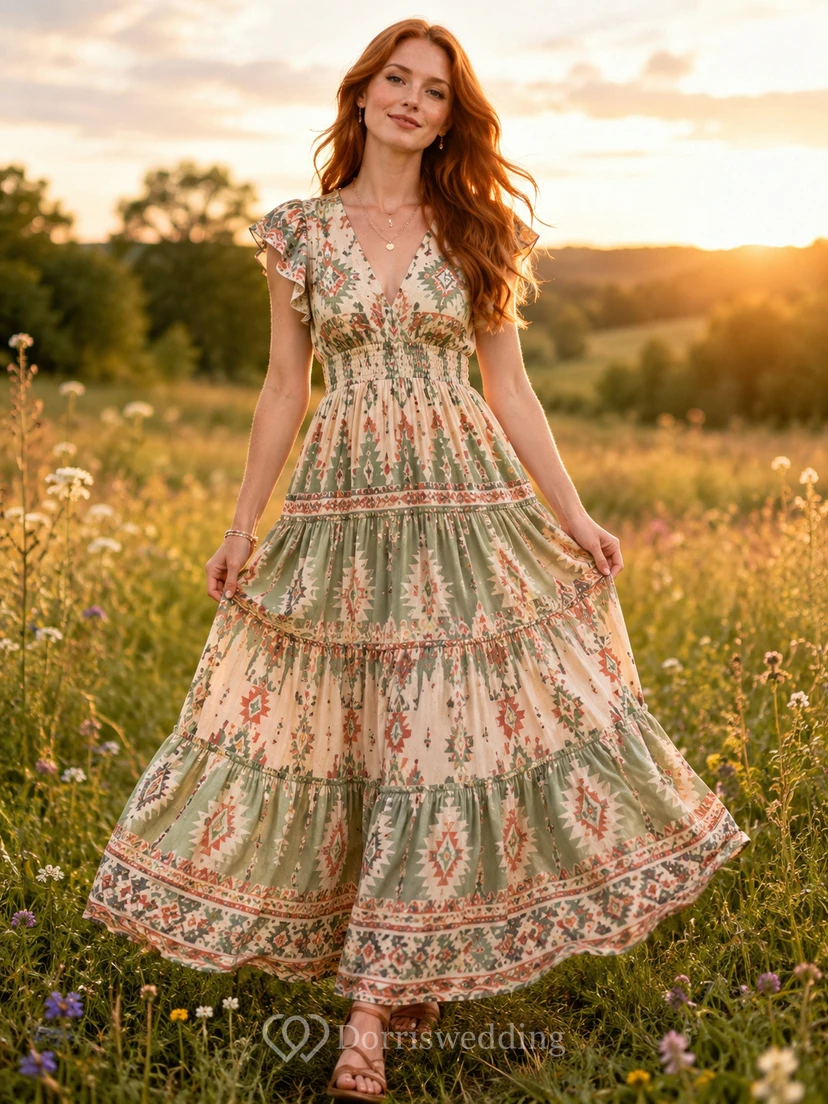 Robe longue trapèze à volants, col en V et manches courtes, style aztèque, couleur sauge