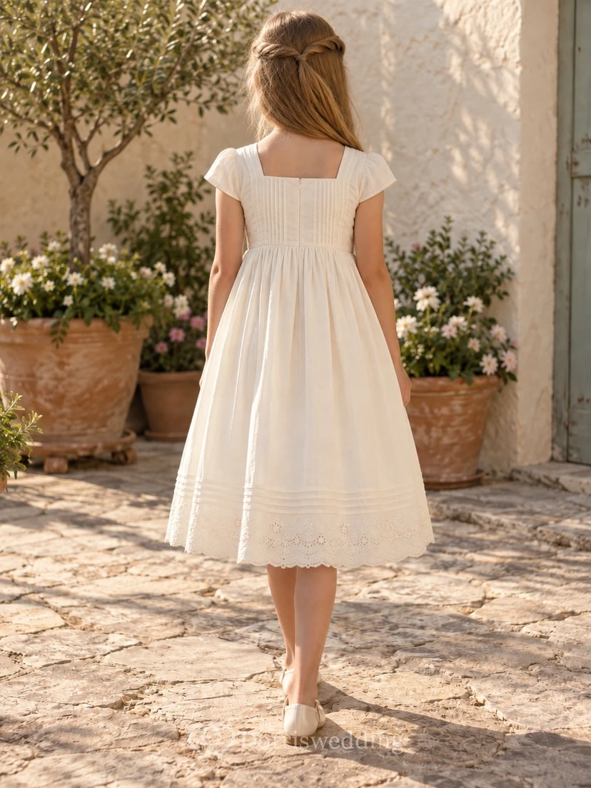 Square Neck Vintage Tea-length Cream Pintucked Short Sleeve Cotton Flower Girl Dress view 2
