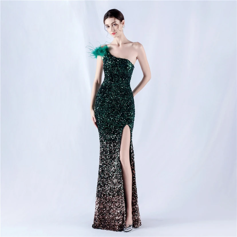 Gradient Velvet Bottom Sequins Craft Beading Ostrich Hair One-Shoulder Oblique Collar High-Slit Evening Dress view 58