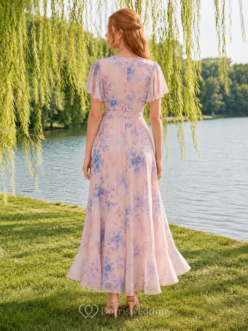 Lakeside Blush Floral V-Neck Chiffon A-Line High-Low Ruffle Dress view 2