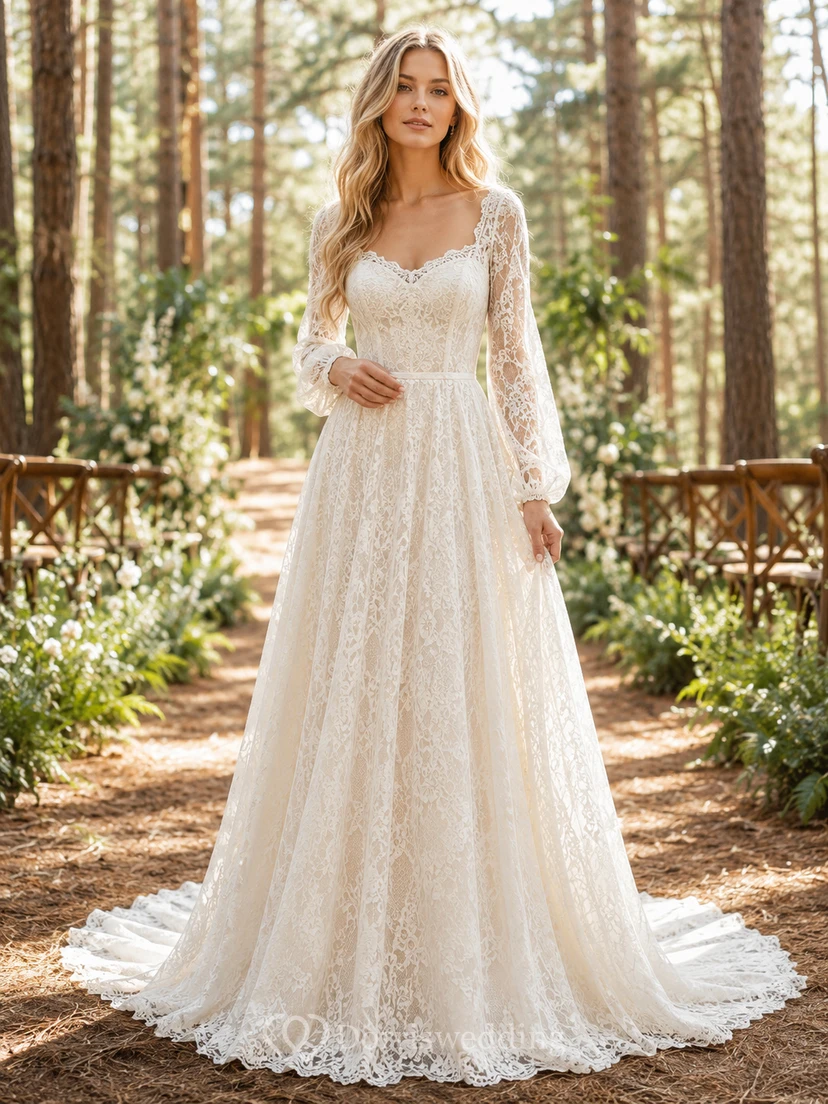 Long Sleeve Lace A Line Forest Ceremony Bridal Gown