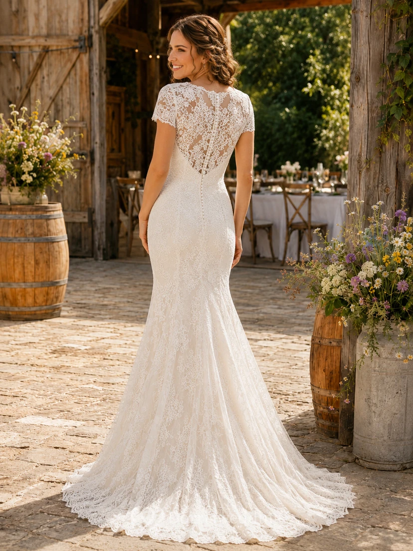 V Neck Short Sleeve Lace Mermaid Country Bridal Gown view 2