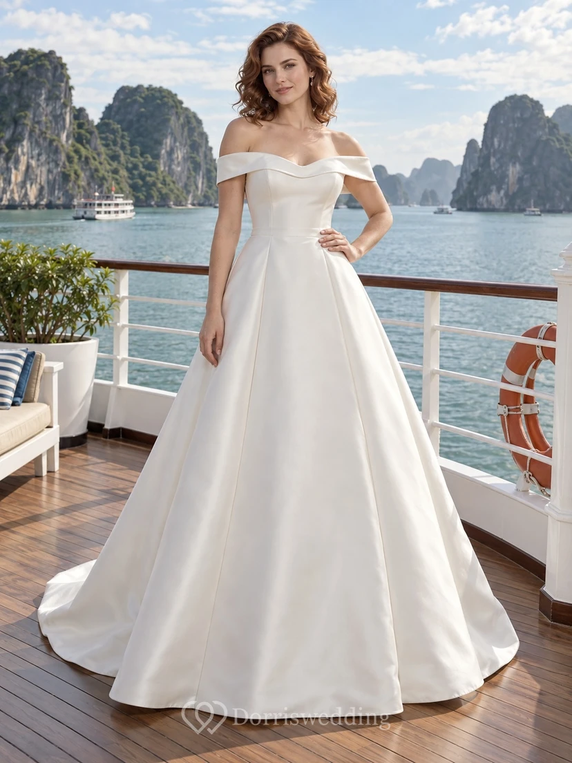 Schlichtes schulterfreies Brautkleid aus glattem Satin in A-Linie mit Schleppe
