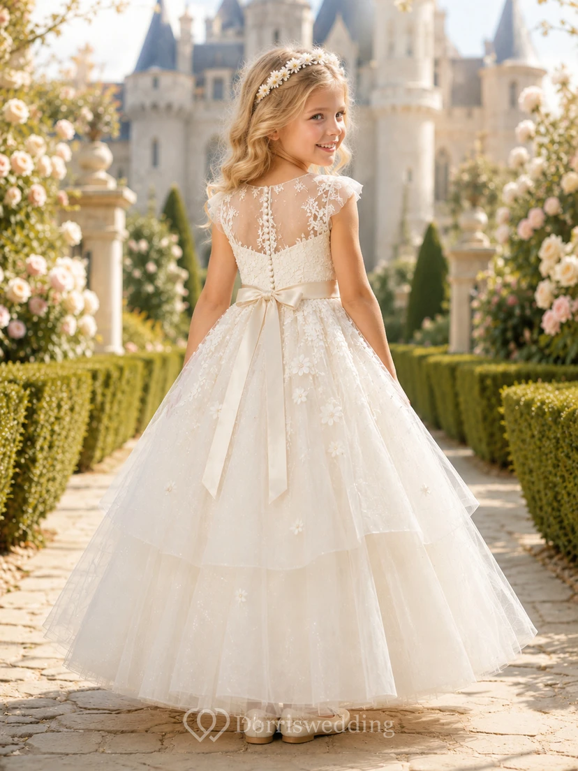 Vestido blanco romántico de tul con corte en A para niña de las flores, mangas cortas, cuello festoneado y largo hasta el suelo con apliques de encaje. view 2
