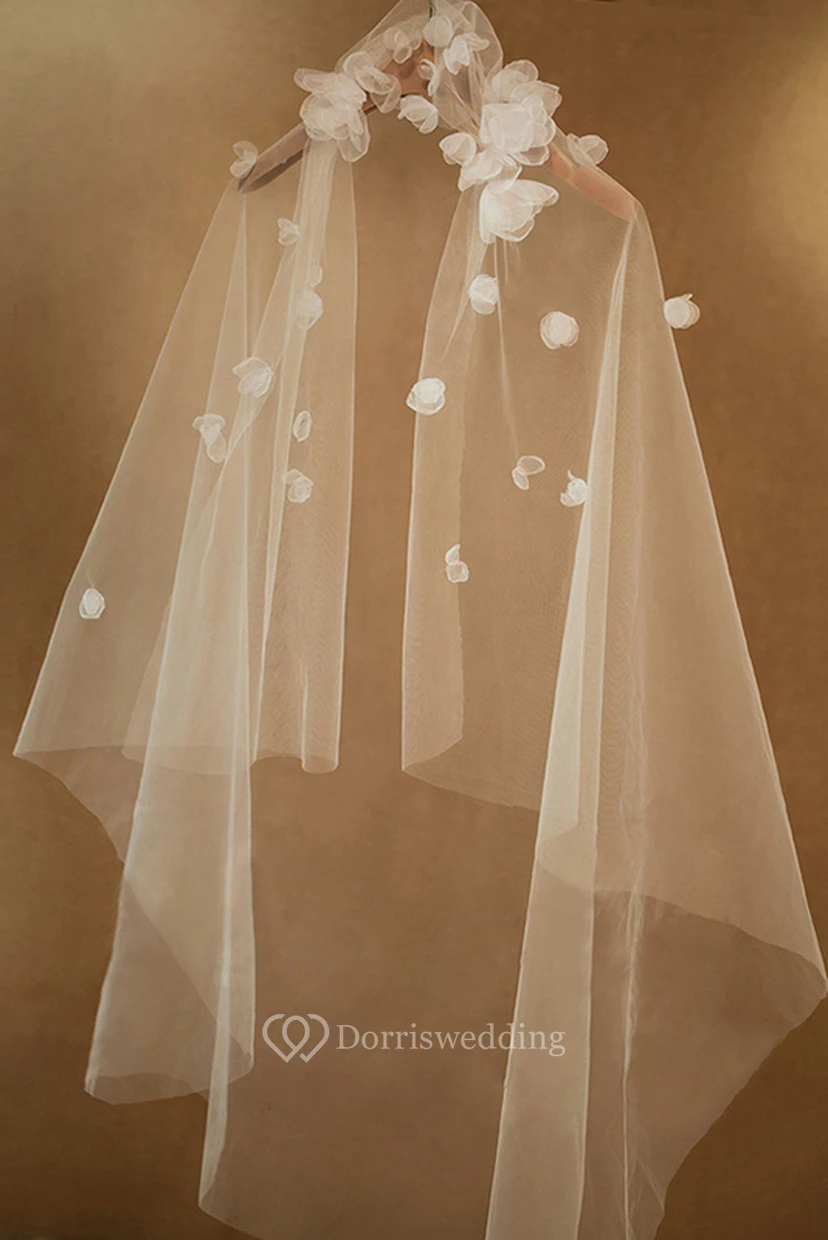Beautiful Handmade Long Tulle Veil with Flowers view 3