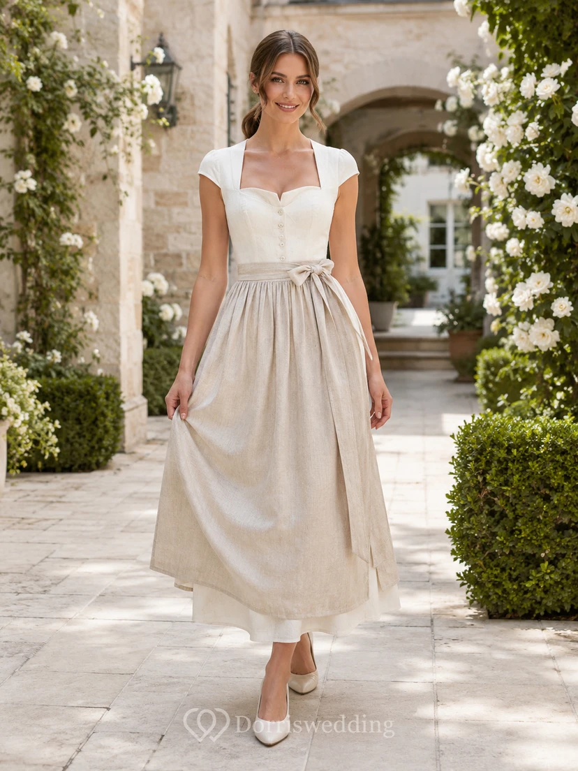 Simple Linen Bridal Dirndl Square Neck Cap Sleeve Ankle Civil Wedding Dress
