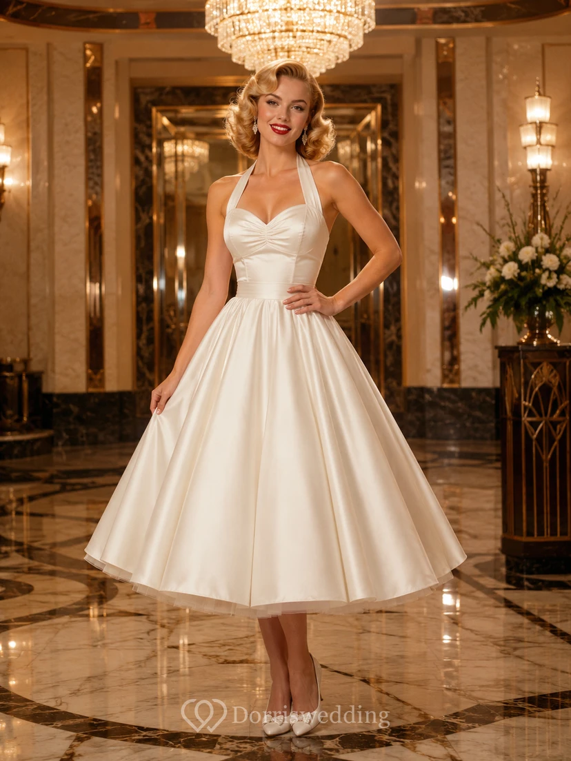 Retro Halter Satin Tea Length Hotel Bridal Dress