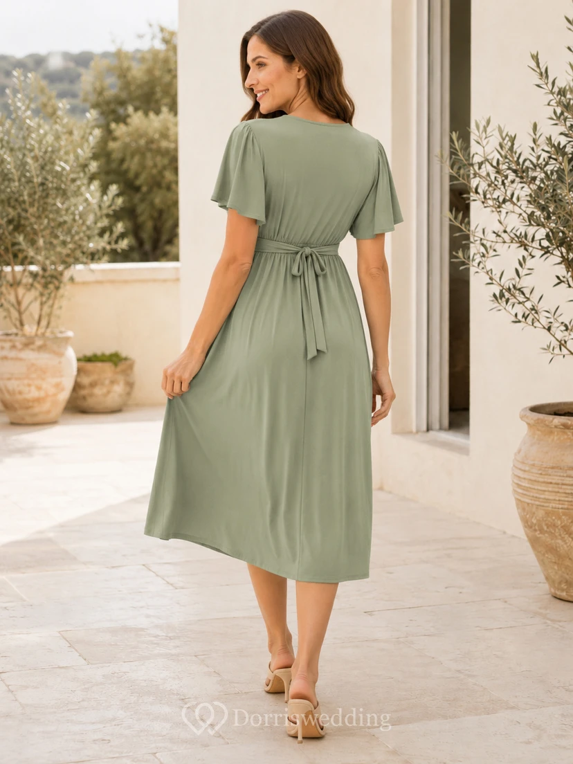 Umstandskleid aus Celadon-Chiffon im Empire-Stil, Teelänge, V-Ausschnitt, kurze Ärmel, romantisch, lässig, für Brautjungfern und Gäste, Gartenkleid view 2