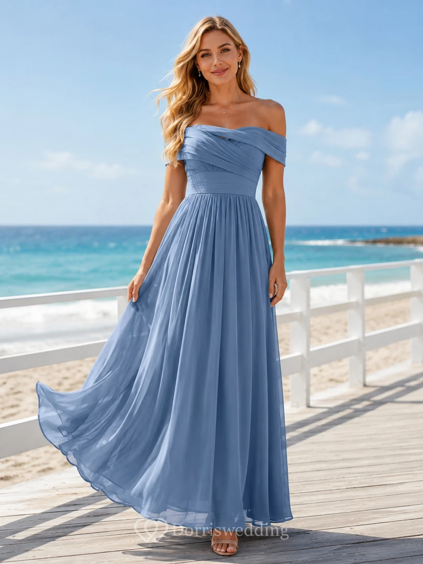 Himmelblaues Strandhochzeitsgastkleid, A-Linie, Chiffon, schulterfrei, ärmellos, bodenlang, gerafftes Oberteil view 2